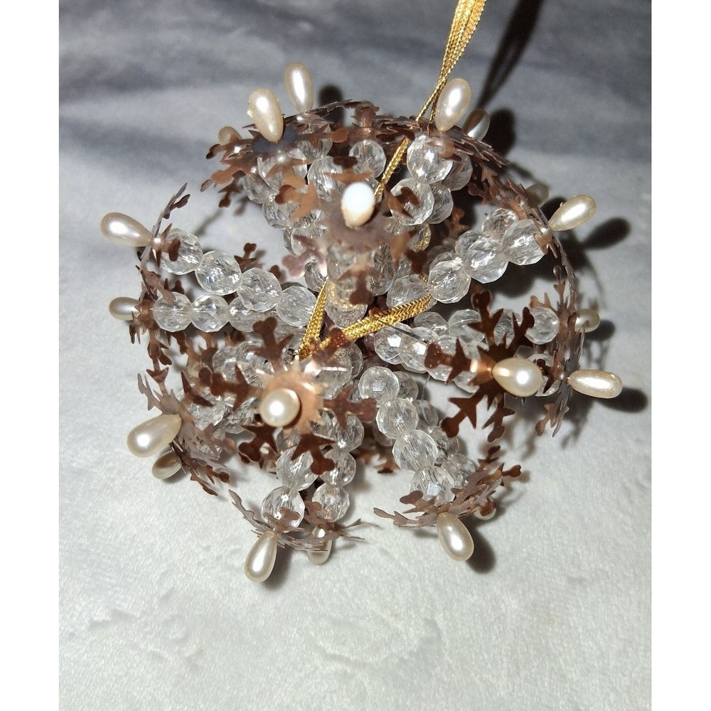 4" Beaded Christmas Ornament Clear Crystal Faux Pearl Copper Tone Snowflake